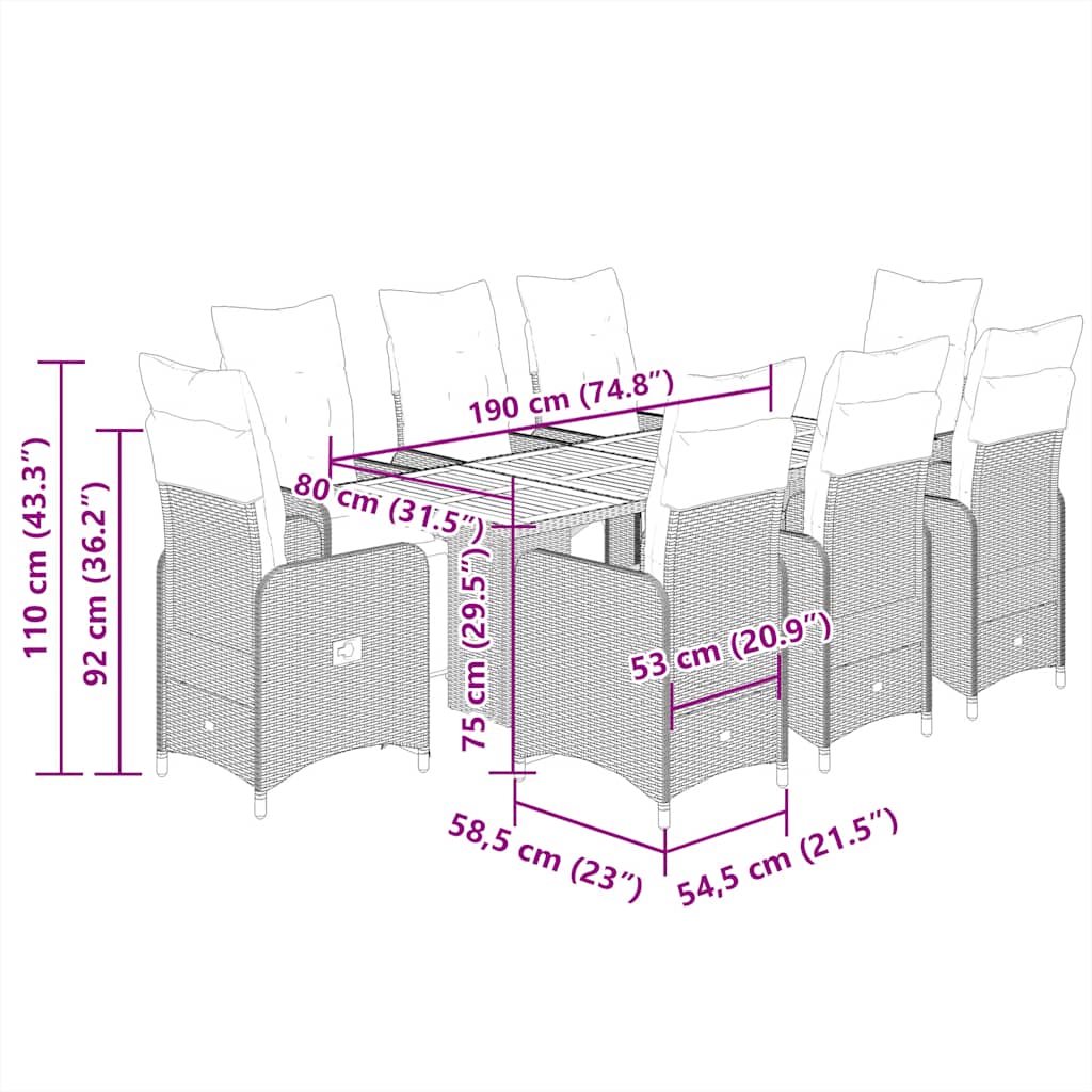 Σετ Επίπλων Bistro Κήπου 9 τεμ. Γκρι Συνθετ. Ρατάν με Μαξιλάρια