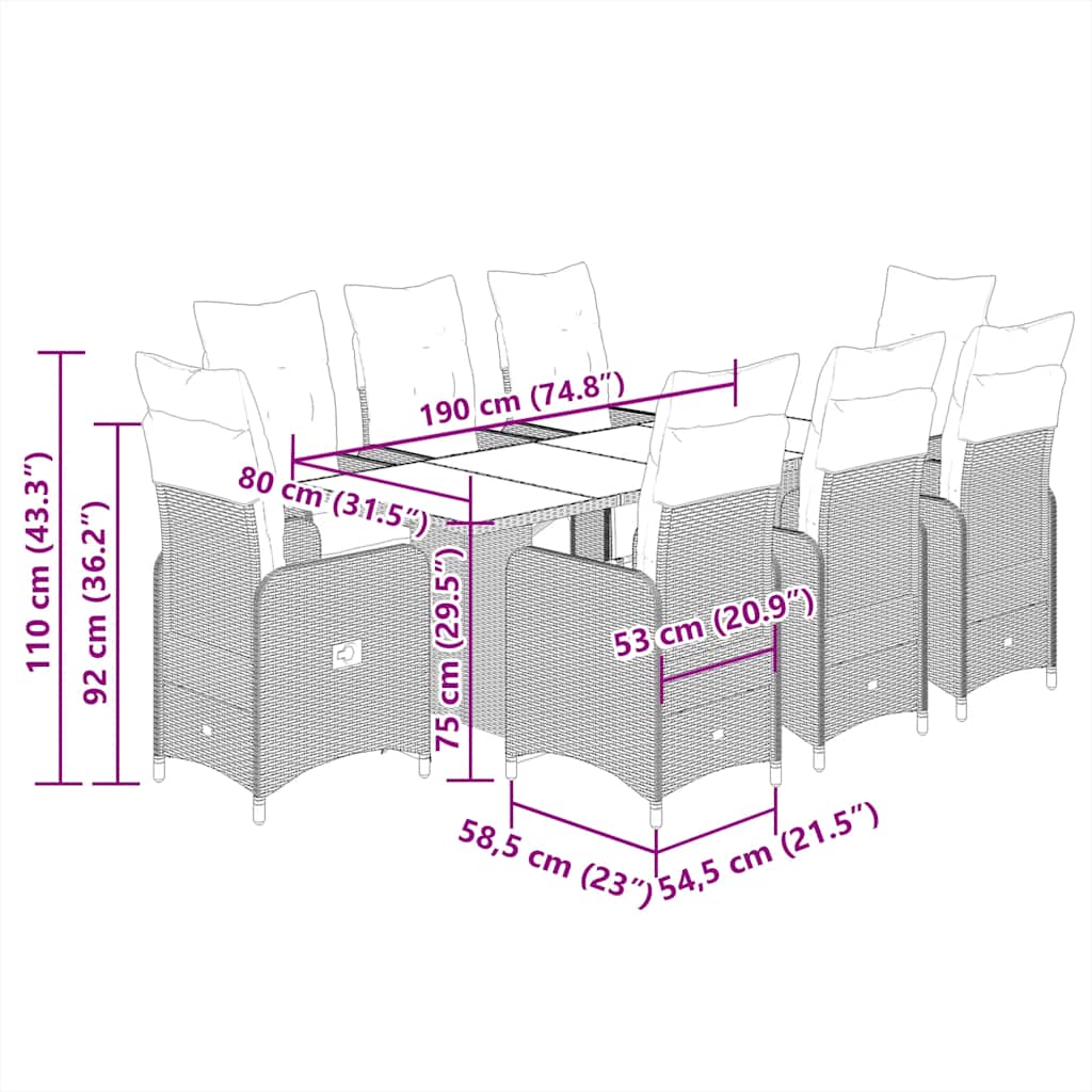 Σετ Επίπλων Bistro Κήπου 9 τεμ. Γκρι Συνθετ. Ρατάν με Μαξιλάρια