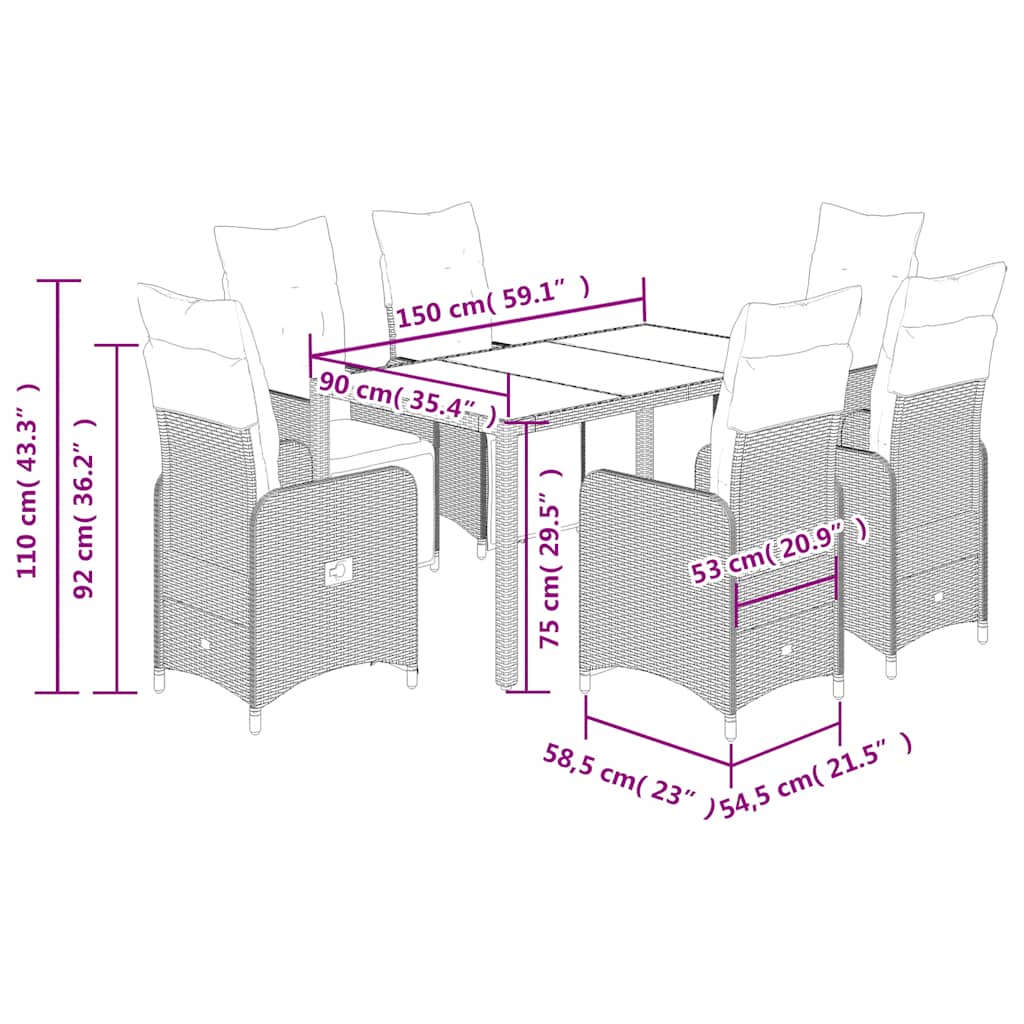Σετ Επίπλων Μπιστρό Κήπου 7 τεμ. Καφέ Συνθ. Ρατάν με Μαξιλάρια