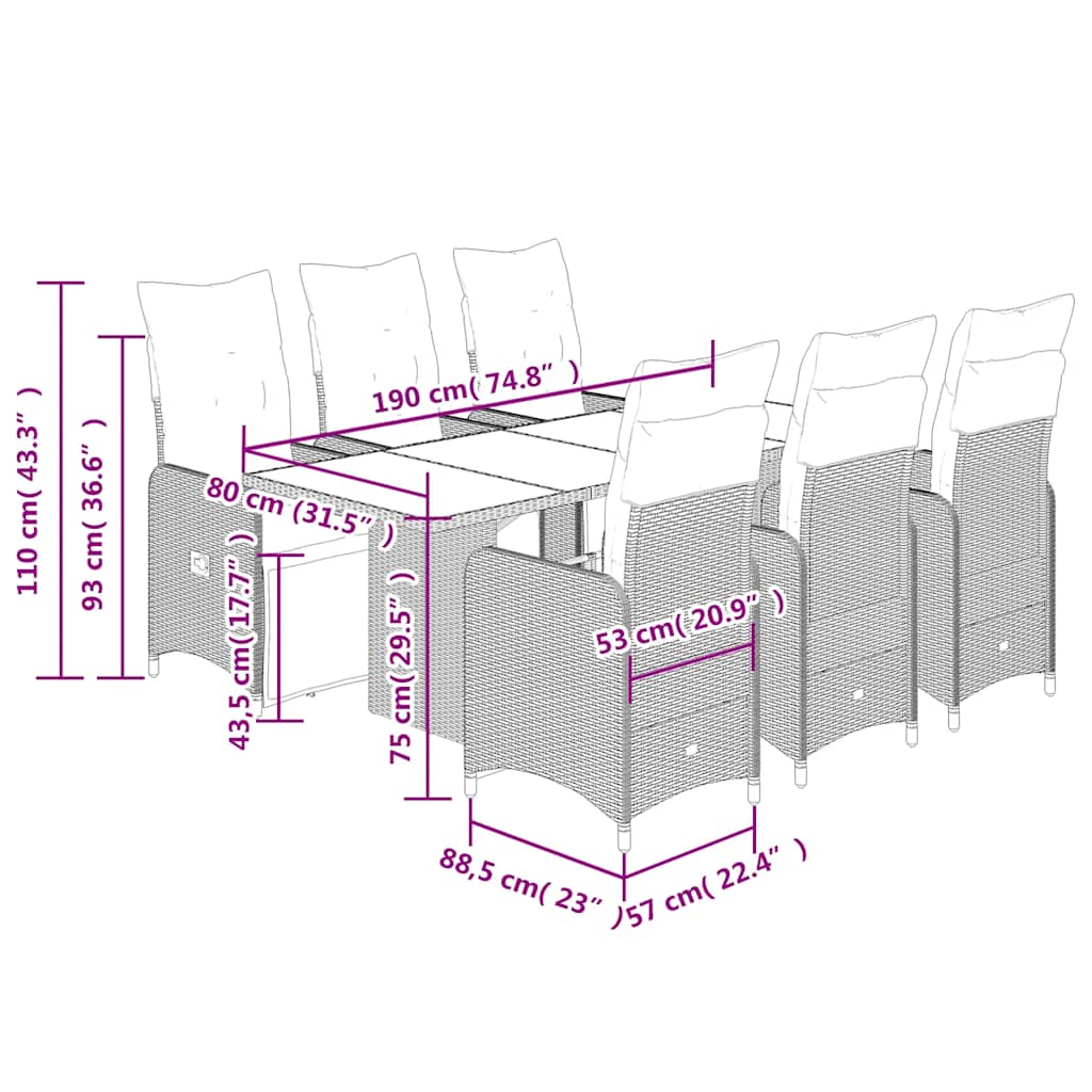 Σετ Επίπλων Μπιστρό Κήπου 7 τεμ. Καφέ Συνθ. Ρατάν με Μαξιλάρια