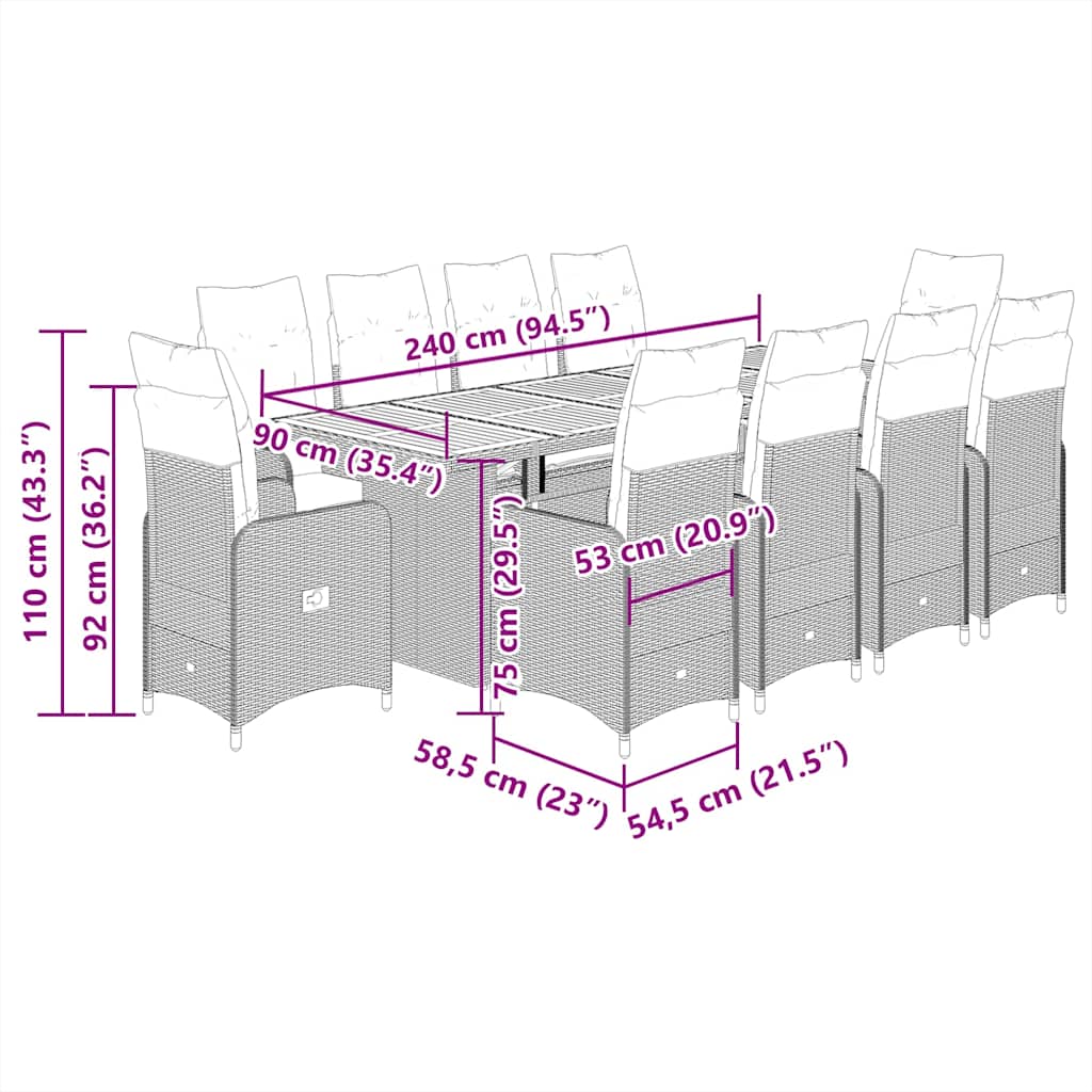 Σετ Επίπλων Bistro Κήπου 11 τεμ Γκρι Συνθετ. Ρατάν με Μαξιλάρια