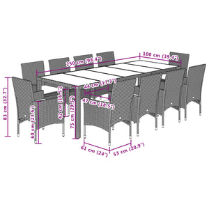 Σετ Τραπεζαρίας Κήπου 11τεμ. Μπεζ Συνθ.Ρατάν/Γυαλί με Μαξιλάρια