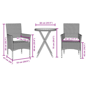 Σετ Επίπλων Bistro 3 τεμ. Μαύρο Συνθ. Ρατάν/Γυαλί με Μαξιλάρια - Pakobazaar