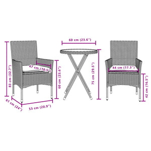 Σετ Επίπλων Bistro 3 τεμ. Μαύρο Συνθ. Ρατάν/Γυαλί με Μαξιλάρια - Pakobazaar
