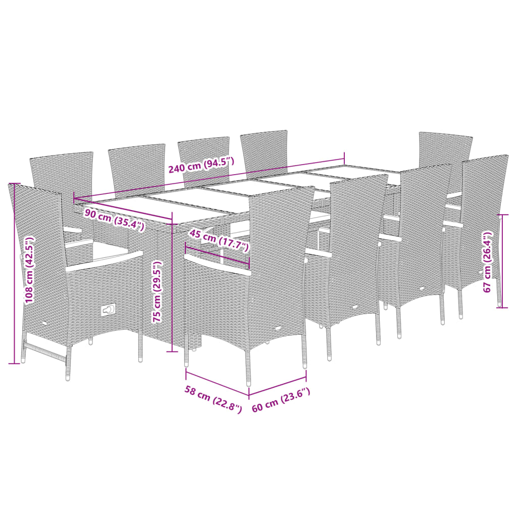 Σετ Τραπεζαρίας Κήπου 11 τεμ Μαύρο από Συνθ. Ρατάν με Μαξιλάρια