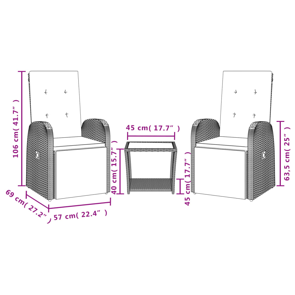 Σετ Τραπεζαρίας Κήπου 3 τεμ. Γκρι Συνθ. Ρατάν με Μαξιλάρια