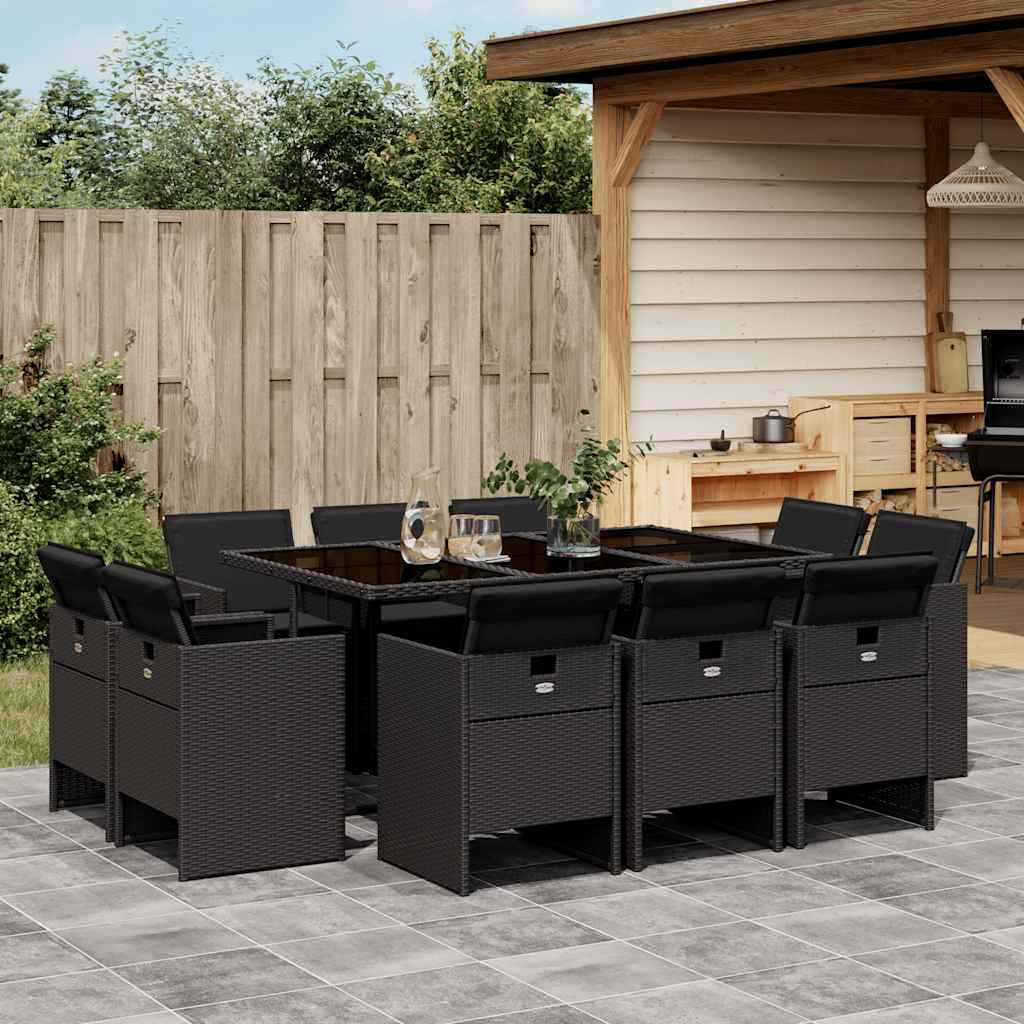 Σετ Τραπεζαρίας Κήπου 11 τεμ Μαύρο από Συνθ. Ρατάν με Μαξιλάρια