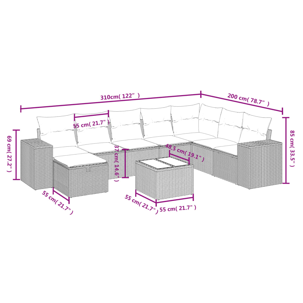 Σαλόνι Κήπου Σετ 9 Τεμαχίων Μαύρο από Συνθ. Ρατάν με Μαξιλάρια