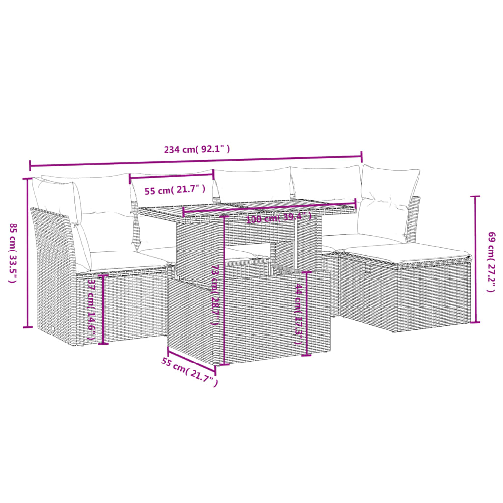 Καναπές Κήπου 6 Τεμαχίων Μαύρο από Συνθετικό Ρατάν με Μαξιλάρια