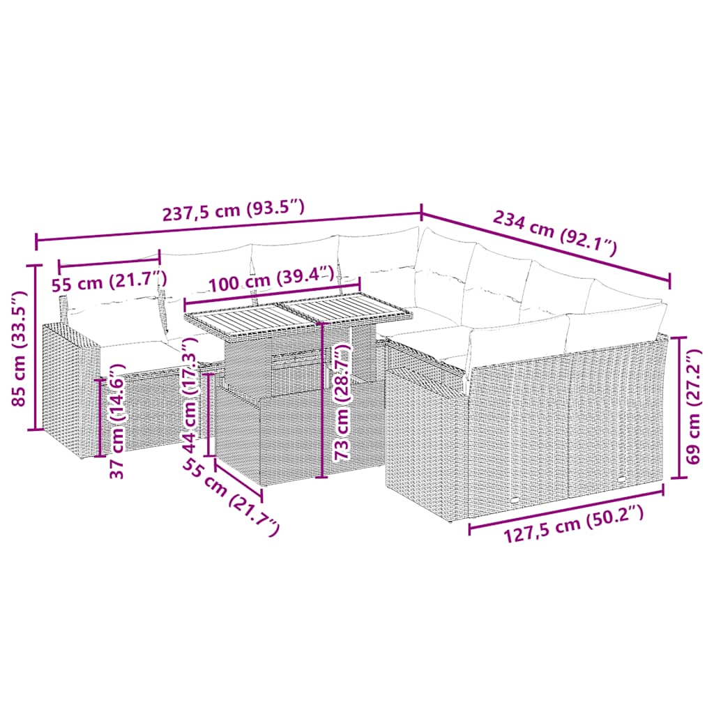 Σαλόνι Κήπου Σετ 9 τεμ. Μπεζ Συνθετικό Ρατάν με Μαξιλάρια