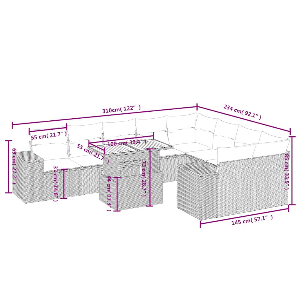 Σετ Καναπέ Κήπου 10 τεμ. Μπεζ Συνθετικό Ρατάν με Μαξιλάρια