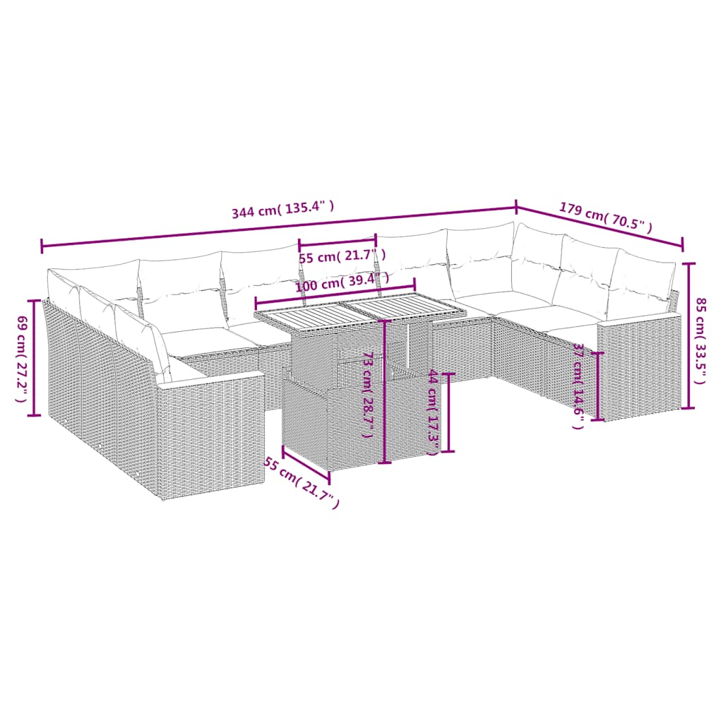 Σαλόνι Κήπου Σετ 11 τεμ. Μπεζ Συνθετικό Ρατάν με Μαξιλάρια