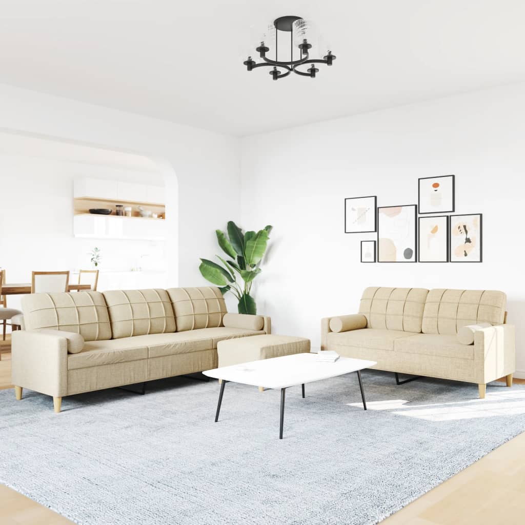 Σαλόνι Σετ 3 Τεμαχίων Κρεμ Ύφασμα + Μαξιλάρια/Υποπόδιο