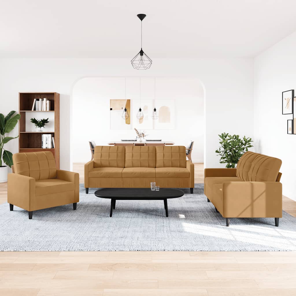 Πολυθρόνες Σετ 3 Τεμαχίων Καφέ από Βελούδο με Μαξιλάρια