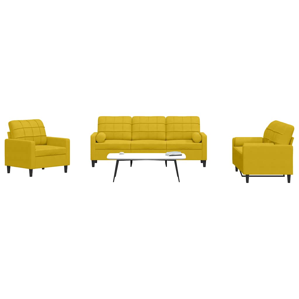 Σετ Σαλονιού 3 Τεμ. Κίτρινο Βελούδινο με Μαξιλάρια/Στηρίγματα