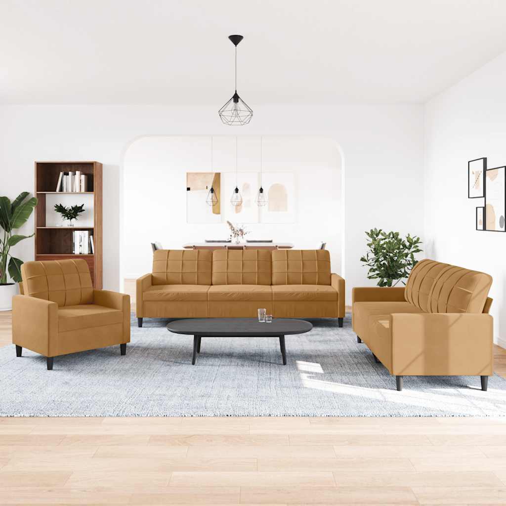 Πολυθρόνες Σετ 3 Τεμαχίων Καφέ από Βελούδο με Μαξιλάρια