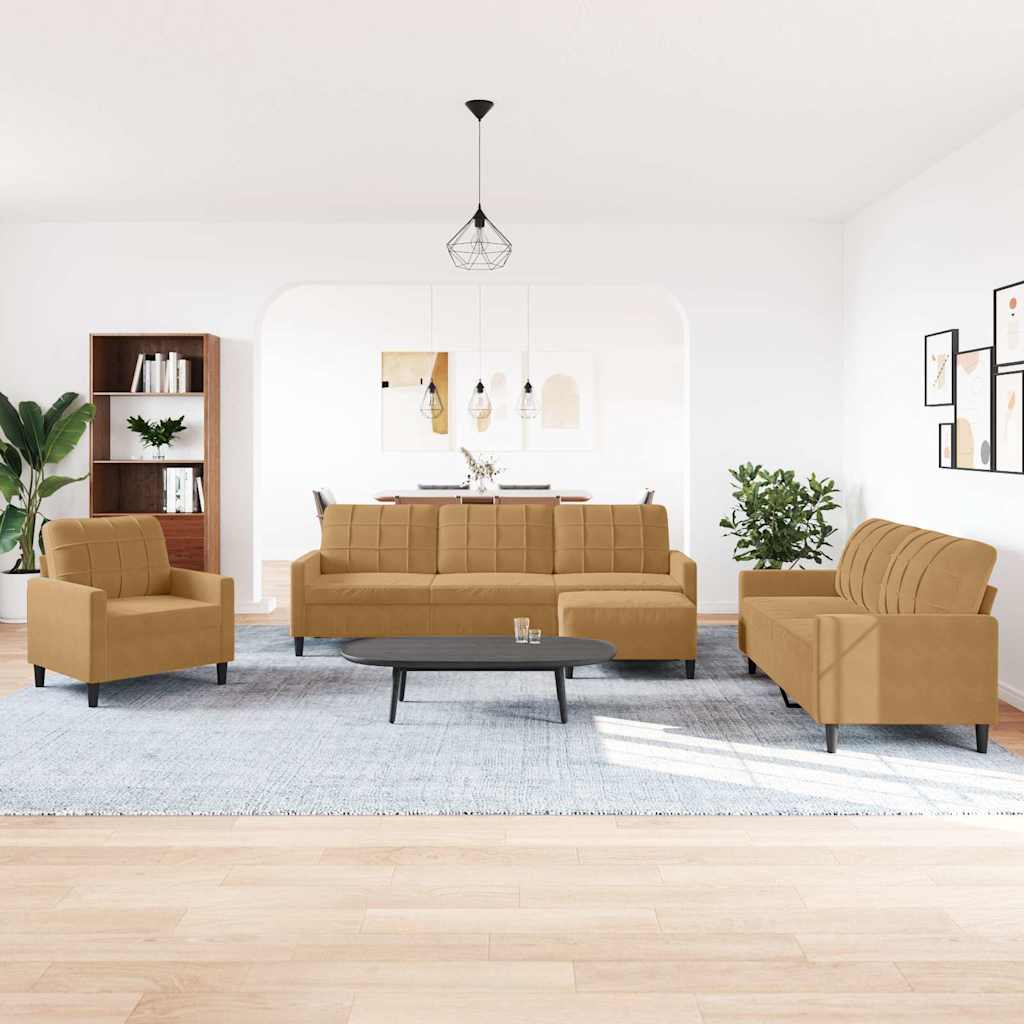 Πολυθρόνες Σετ 4 Τεμαχίων Καφέ από Βελούδο με Μαξιλάρια