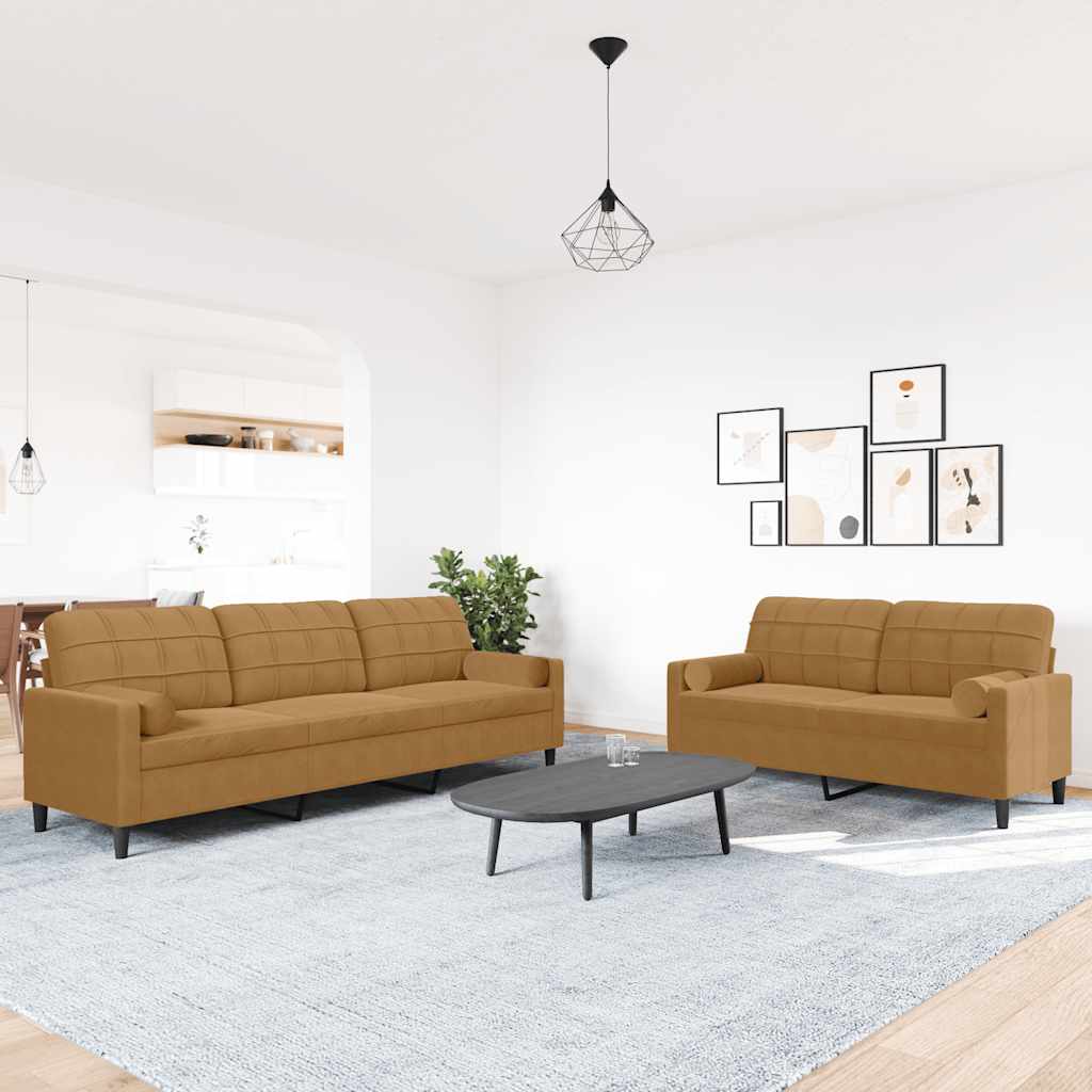 Σετ Σαλονιού 2 Τεμ. Καφέ Βελούδινο με Μαξιλάρια/Στηρίγματα