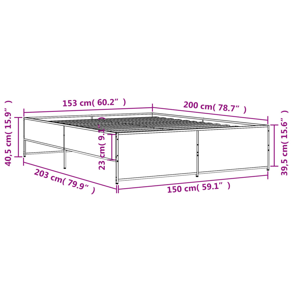 Πλαίσιο Κρεβατιού Καπνιστή Δρυς 150x200εκ. Επεξ. Ξύλο & Μέταλλο