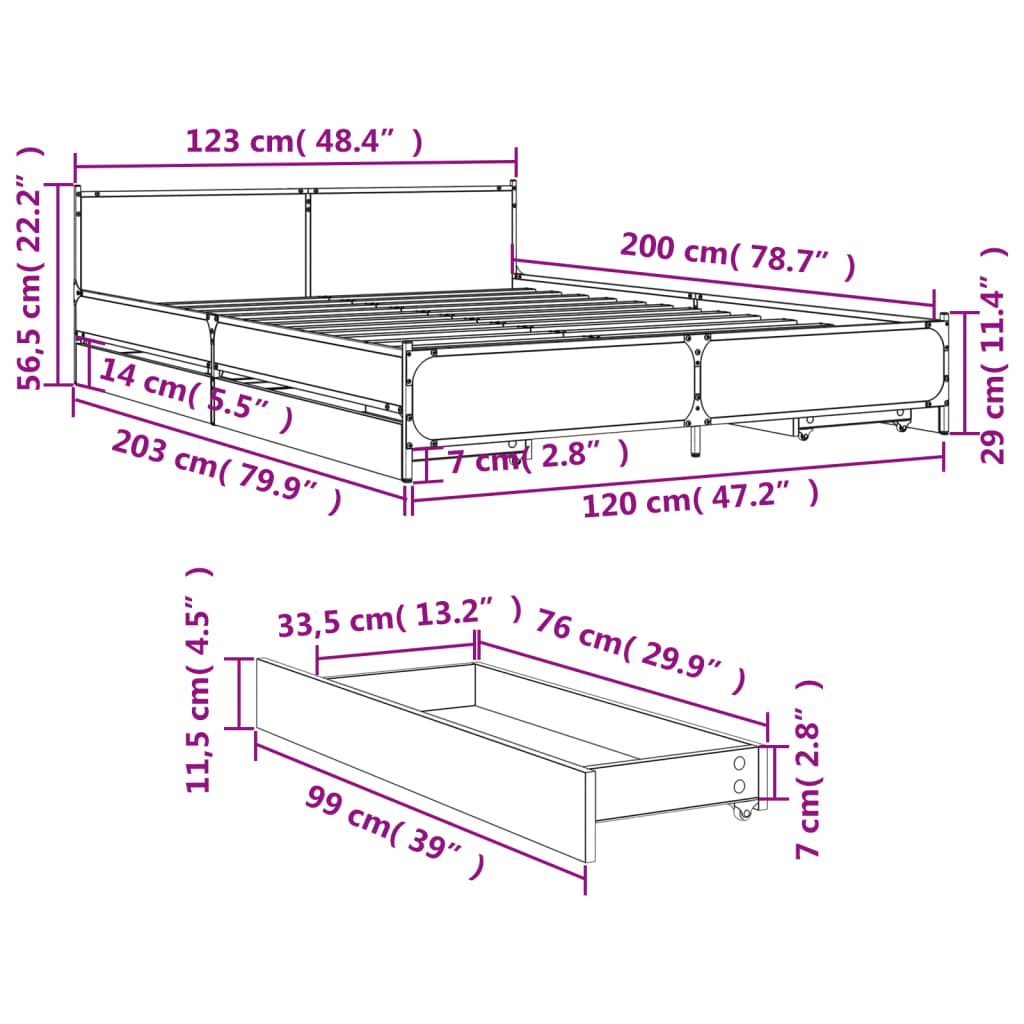 Πλαίσιο Κρεβατιού με συρτάρια Γκρι sonoma 120x200εκ. Επεξ. Ξύλο