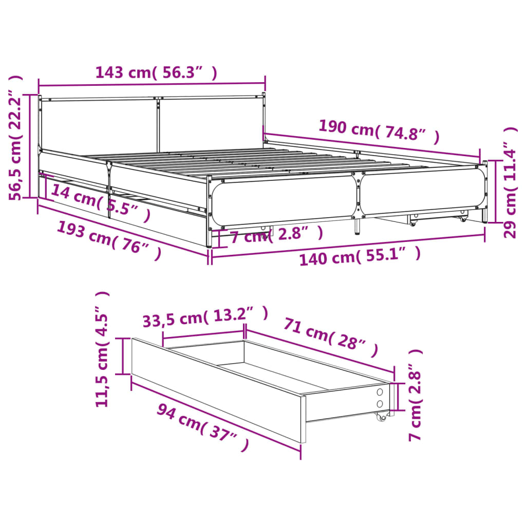 Πλαίσιο Κρεβατιού με συρτάρια Γκρι sonoma 140x190εκ. Επεξ. Ξύλο