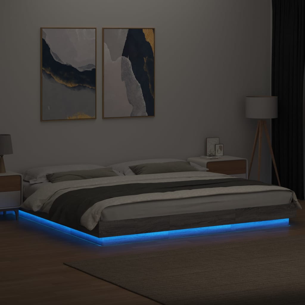 Πλαίσιο Κρεβατιού με Φώτα LED Γκρι sonoma 200x200εκ. Επεξ. Ξύλο