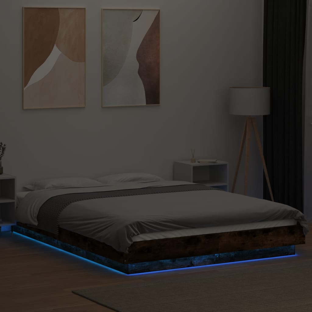 Πλαίσιο Κρεβατιού Φώτα LED Καπνιστή Δρυς 140x200 εκ.Επεξ. Ξύλο - Pakobazaar