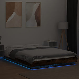 Πλαίσιο Κρεβατιού Φώτα LED Καπνιστή Δρυς 140x200 εκ.Επεξ. Ξύλο - Pakobazaar