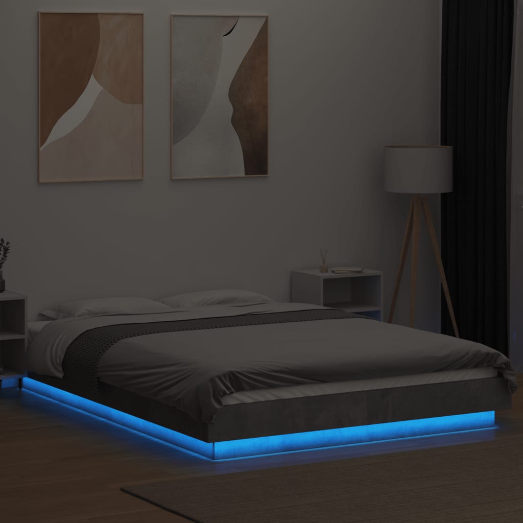Πλαίσιο Κρεβατιού με Φώτα LED Γκρι Σκυρ. 135x190 εκ. Επεξ. Ξύλο