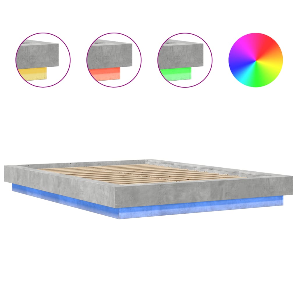Πλαίσιο Κρεβατιού με Φώτα LED Γκρι Σκυρ. 135x190 εκ. Επεξ. Ξύλο