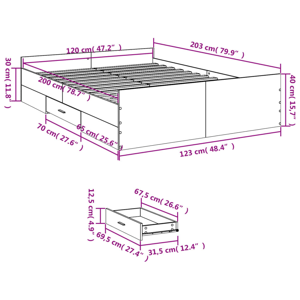 Πλαίσιο Κρεβατιού με συρτάρια Καφέ δρυς 120x200 εκ. Επεξ. Ξύλο