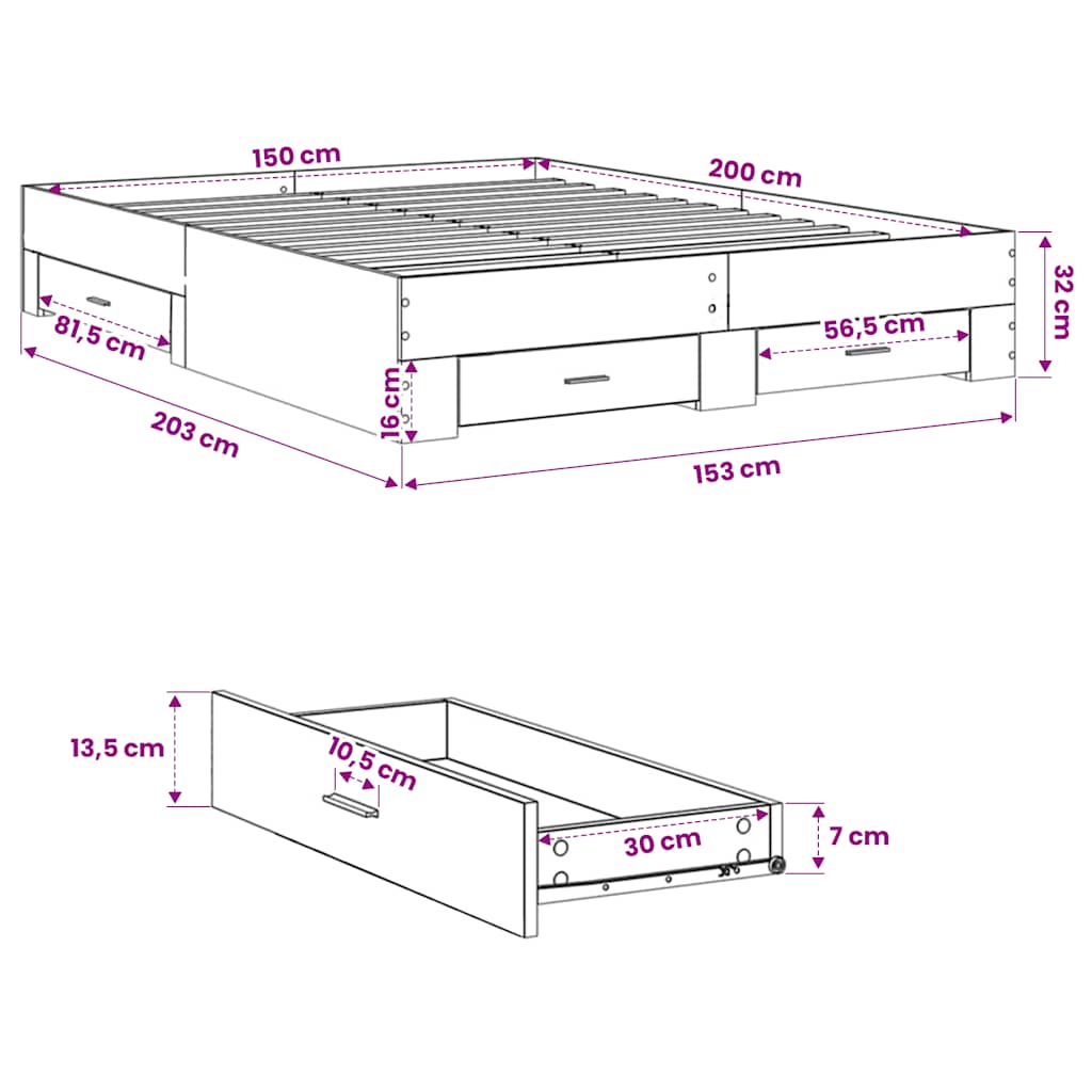 Πλαίσιο Κρεβατιού με Συρτάρια Μαύρο 150 x 200 εκ. Επεξεργ. Ξύλο