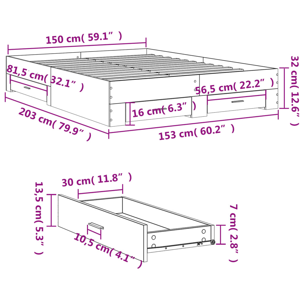 Πλαίσιο Κρεβατιού με Συρτάρια Sonoma Δρυς 150x200εκ. Επεξ. Ξύλο