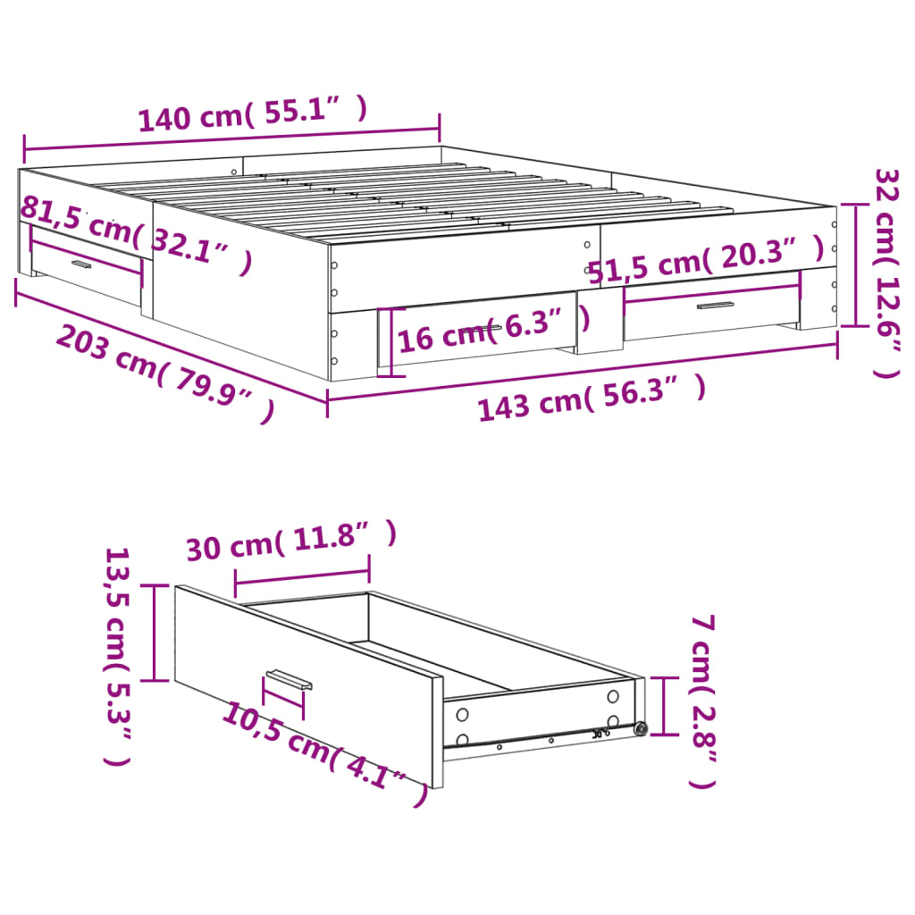 Πλαίσιο Κρεβατιού με συρτάρια Γκρι sonoma 140x200εκ. Επεξ. Ξύλο