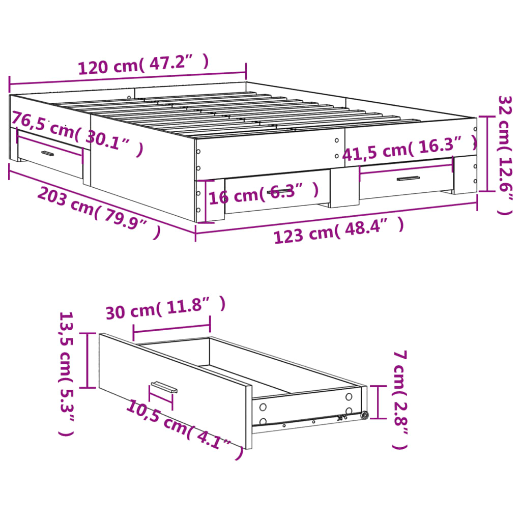 Πλαίσιο Κρεβατιού με συρτάρια Γκρι sonoma 120x200εκ. Επεξ. Ξύλο