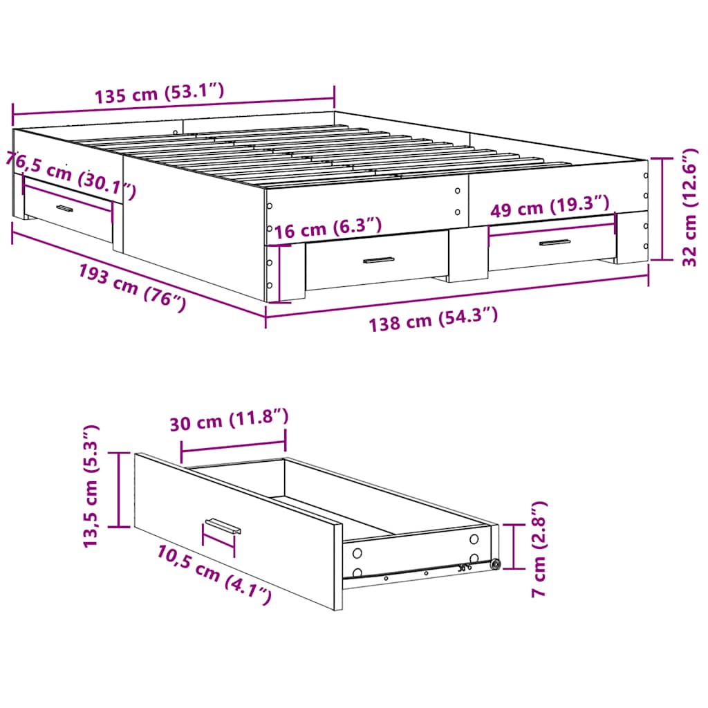 Πλαίσιο Κρεβατιού με συρτάρια Sonoma Δρυς 135x190εκ. Επεξ. Ξύλο