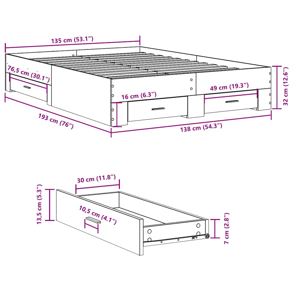 Πλαίσιο Κρεβατιού με συρτάρια Γκρι sonoma 135x190εκ. Επεξ. Ξύλο