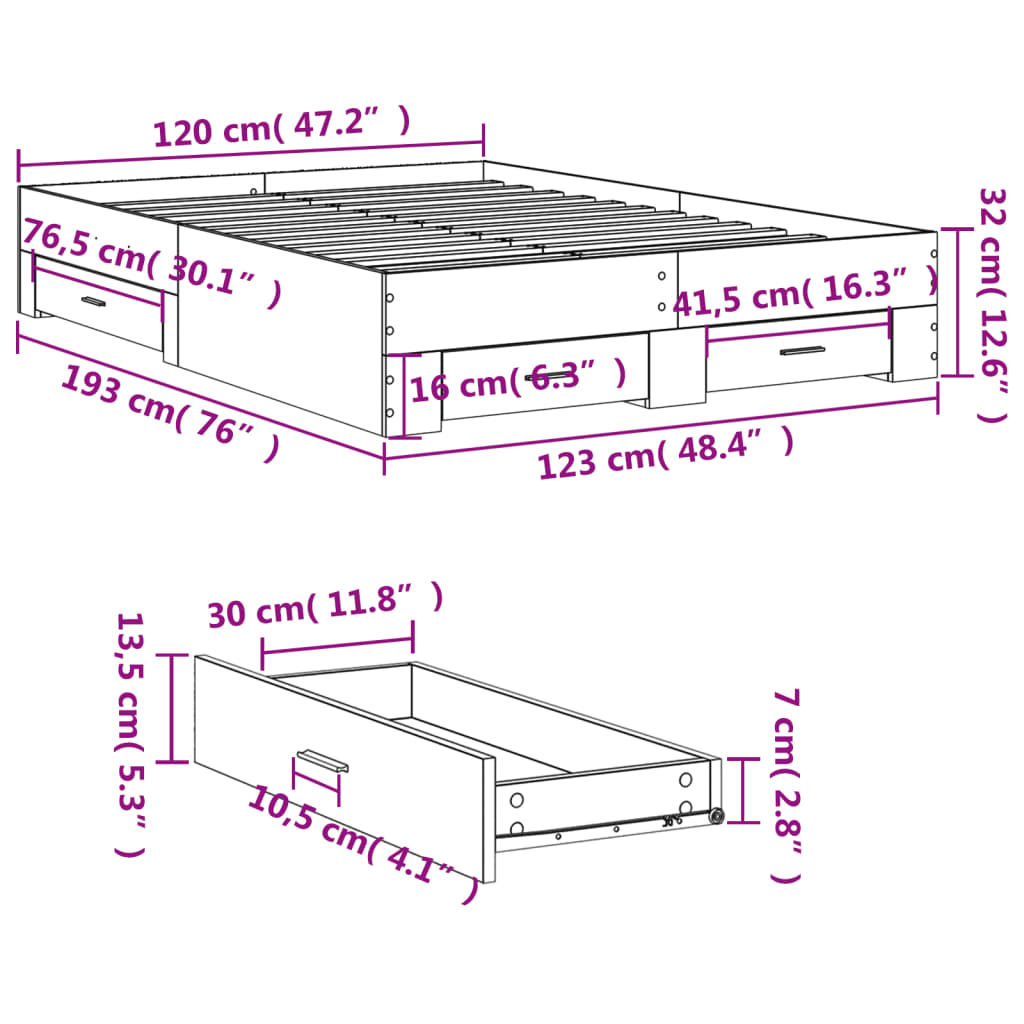 Πλαίσιο Κρεβατιού με Συρτάρια Μαύρο 120x190 εκ Επεξεργ. Ξύλο