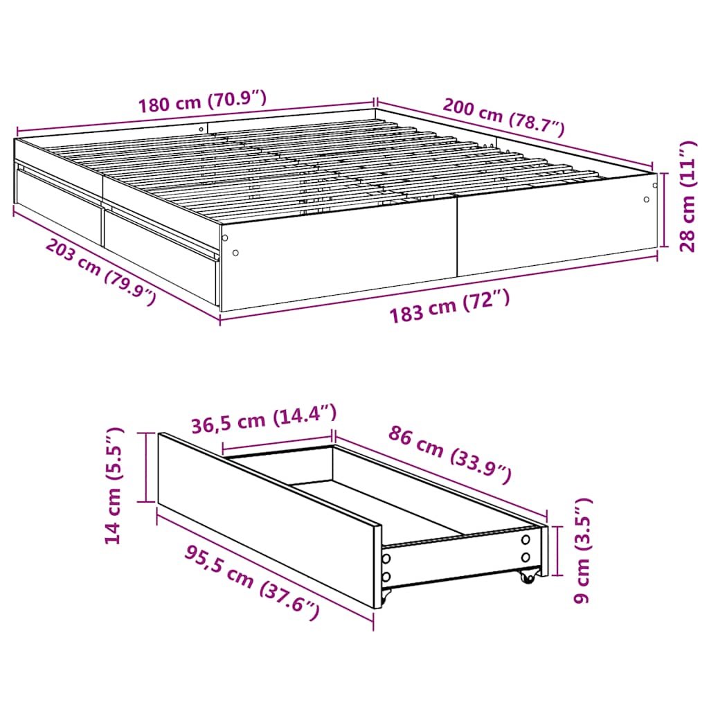 Πλαίσιο Κρεβατιού με συρτάρια Γκρι sonoma 180x200εκ. Επεξ. Ξύλο