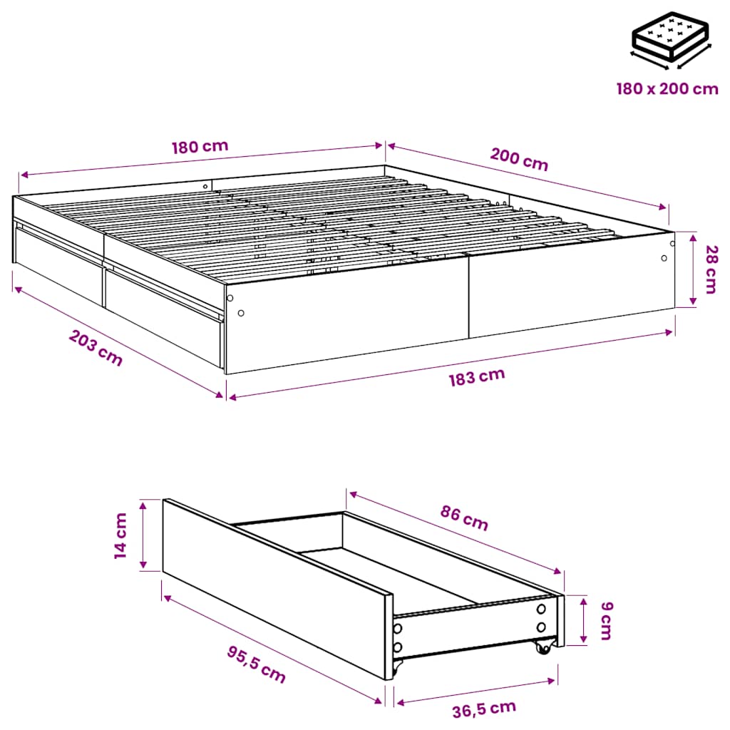 Πλαίσιο Κρεβατιού με συρτάρια Καφέ δρυς 180x200 εκ. Επεξ. Ξύλο - Pakobazaar