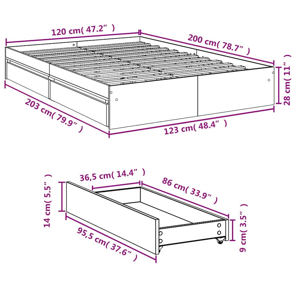 Πλαίσιο Κρεβατιού με συρτάρια Sonoma Δρυς 120x200εκ. Επεξ. Ξύλο