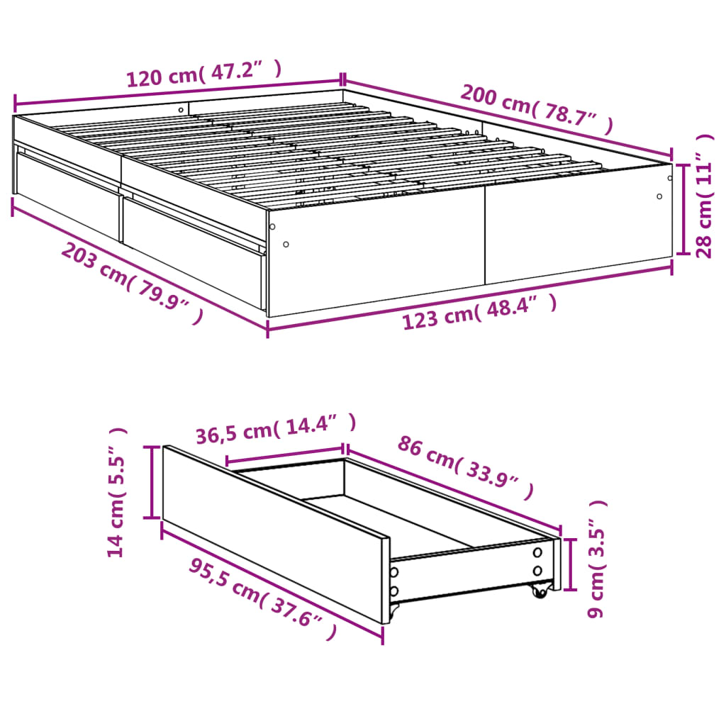 Πλαίσιο Κρεβατιού με συρτάρια Γκρι sonoma 120x200εκ. Επεξ. Ξύλο - Pakobazaar