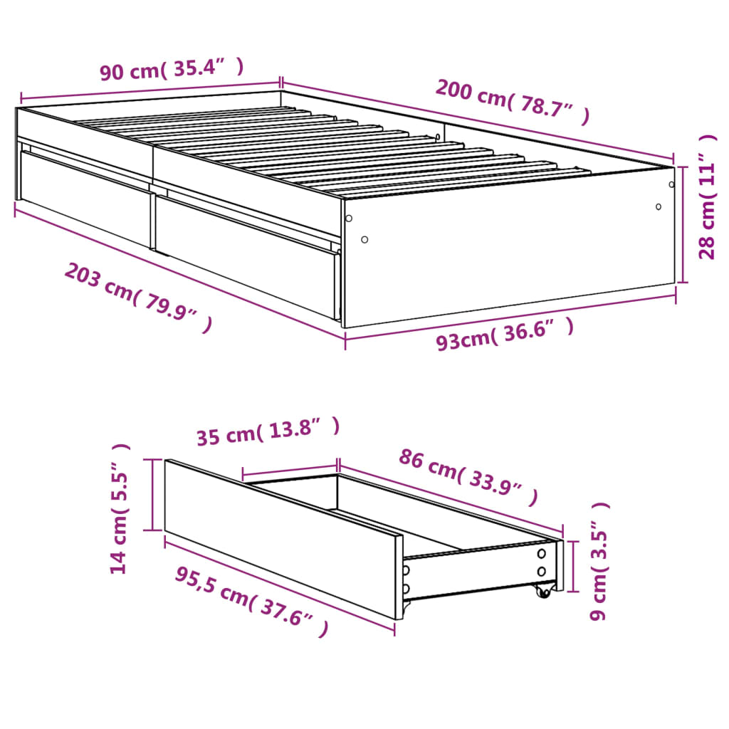 Πλαίσιο Κρεβατιού με συρτάρια Γκρι sonoma 90x200εκ. Επεξ. Ξύλο