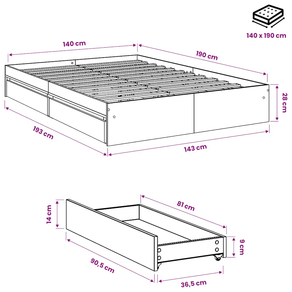 Πλαίσιο Κρεβατιού με συρτάρια Γκρι sonoma 140x190εκ. Επεξ. Ξύλο