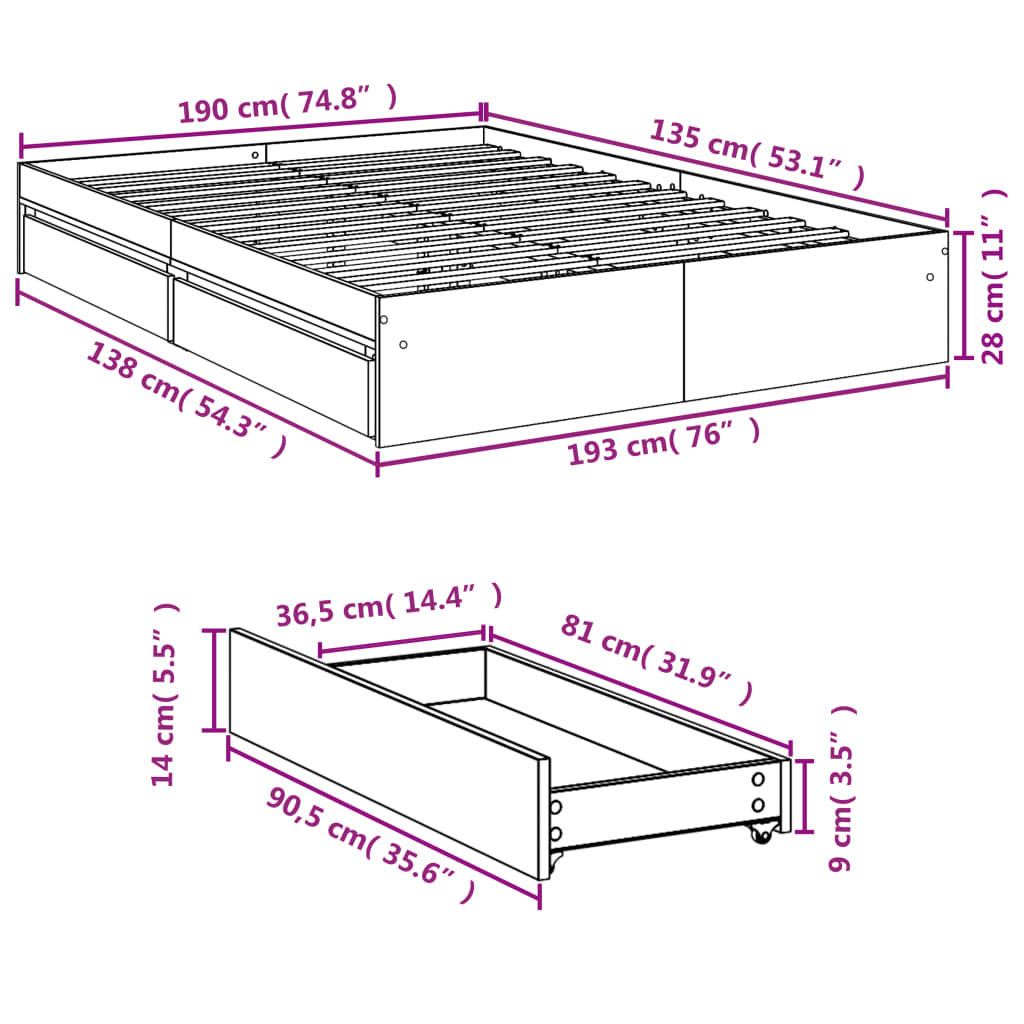 Πλαίσιο Κρεβατιού με συρτάρια Sonoma Δρυς 135x190εκ. Επεξ. Ξύλο