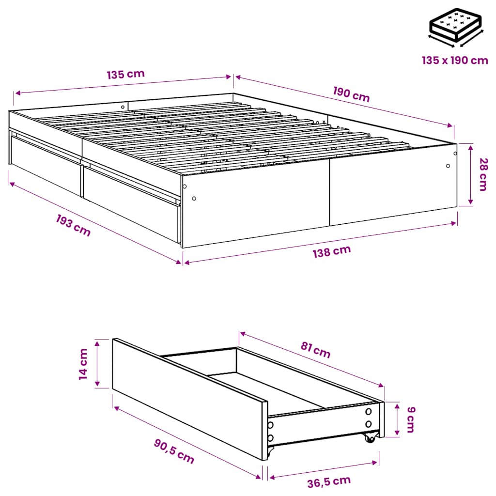 Πλαίσιο Κρεβατιού με συρτάρια Γκρι sonoma 135x190εκ. Επεξ. Ξύλο
