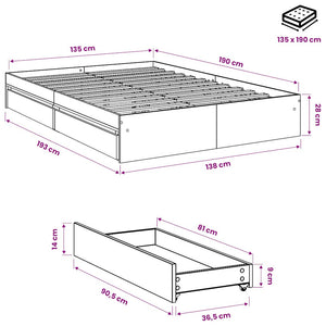 Πλαίσιο Κρεβατιού με συρτάρια Γκρι sonoma 135x190εκ. Επεξ. Ξύλο