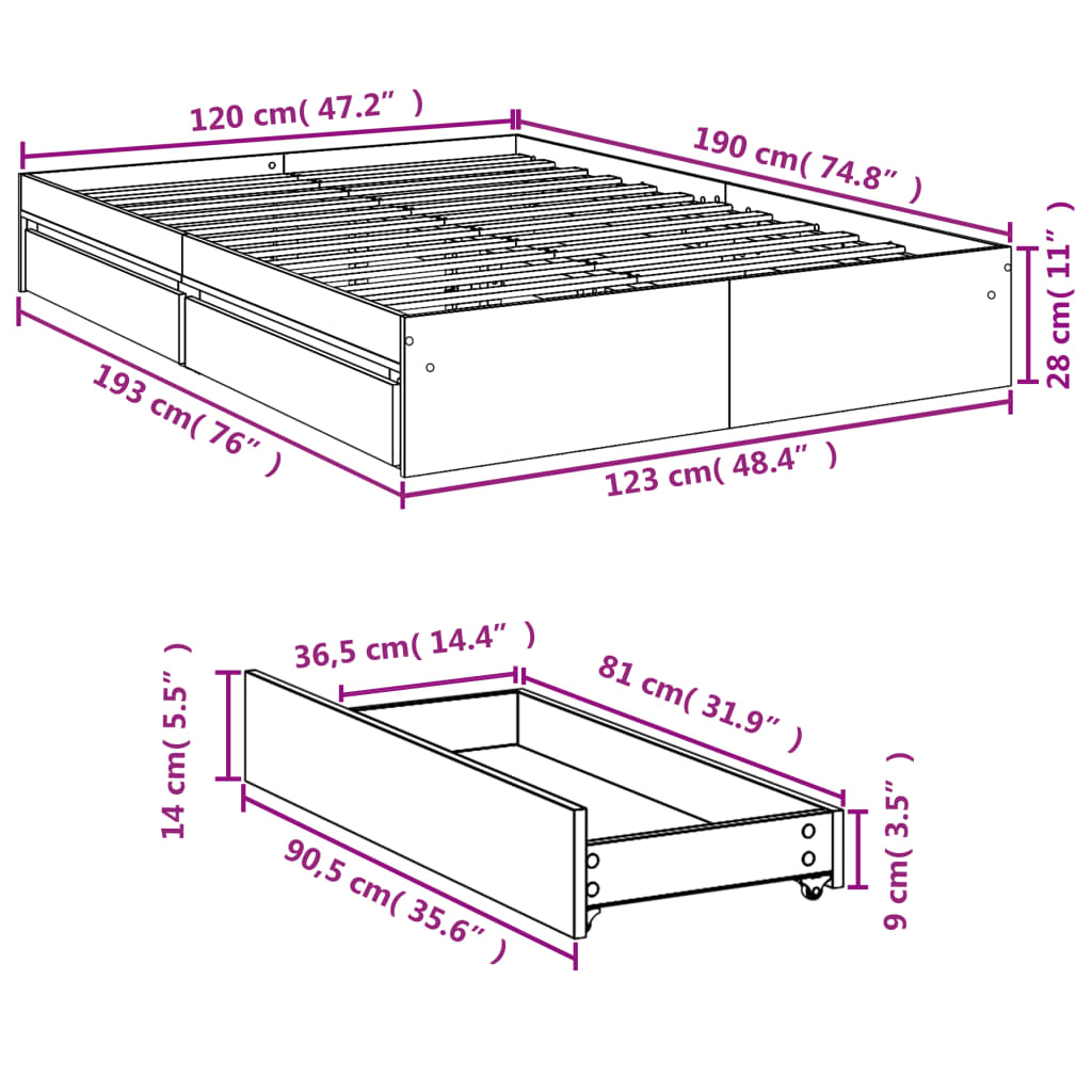 Πλαίσιο Κρεβατιού με Συρτάρια Μαύρο 120x190 εκ Επεξεργ. Ξύλο - Pakobazaar