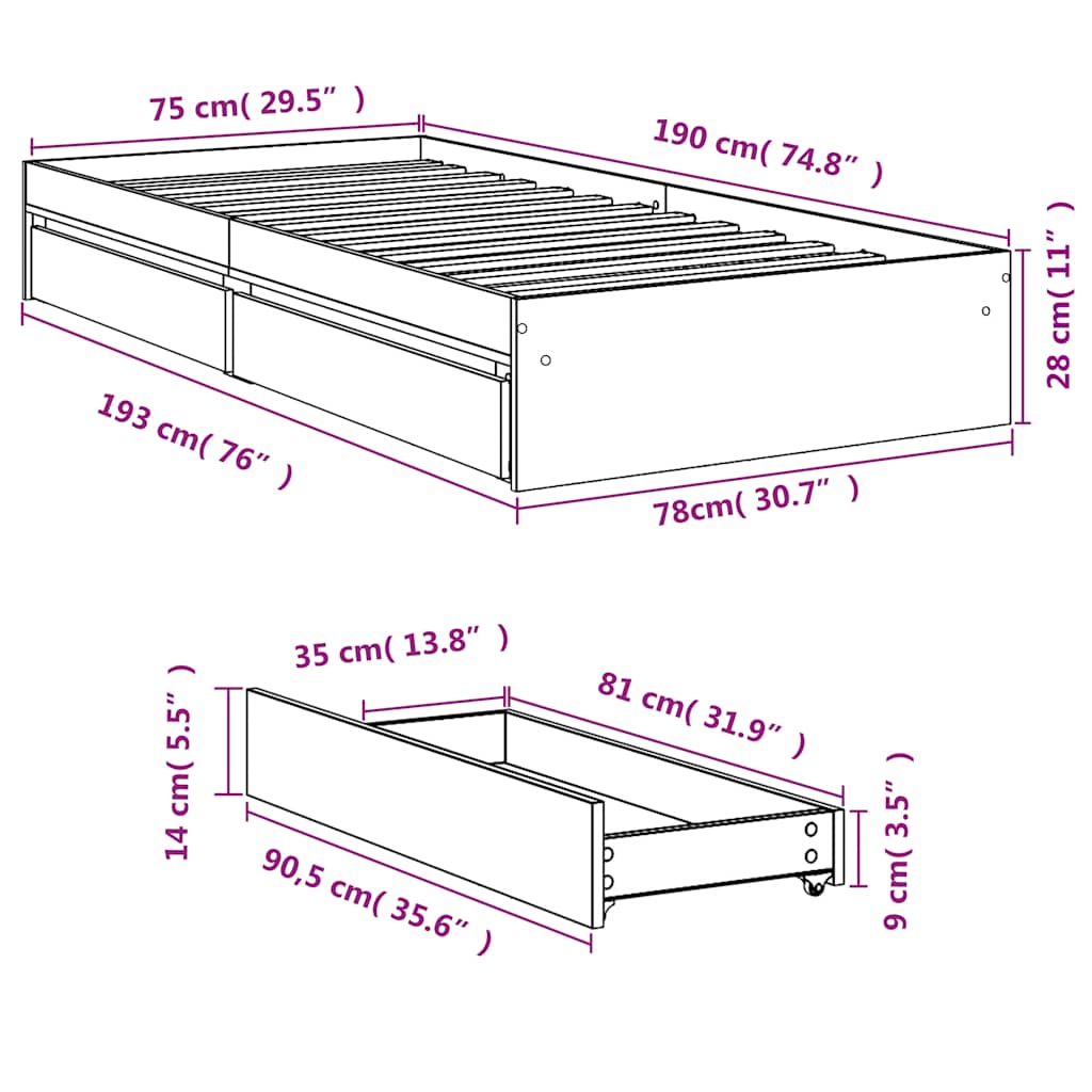 Πλαίσιο Κρεβατιού με Συρτάρια Χωρίς Στρώμα Λευκό 75x190 εκ. - Pakobazaar