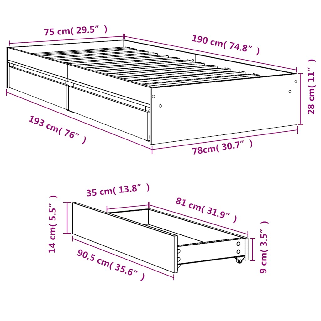 Πλαίσιο Κρεβατιού με Συρτάρια Sonoma Δρυς 75x190 εκ. Επεξ. Ξύλο